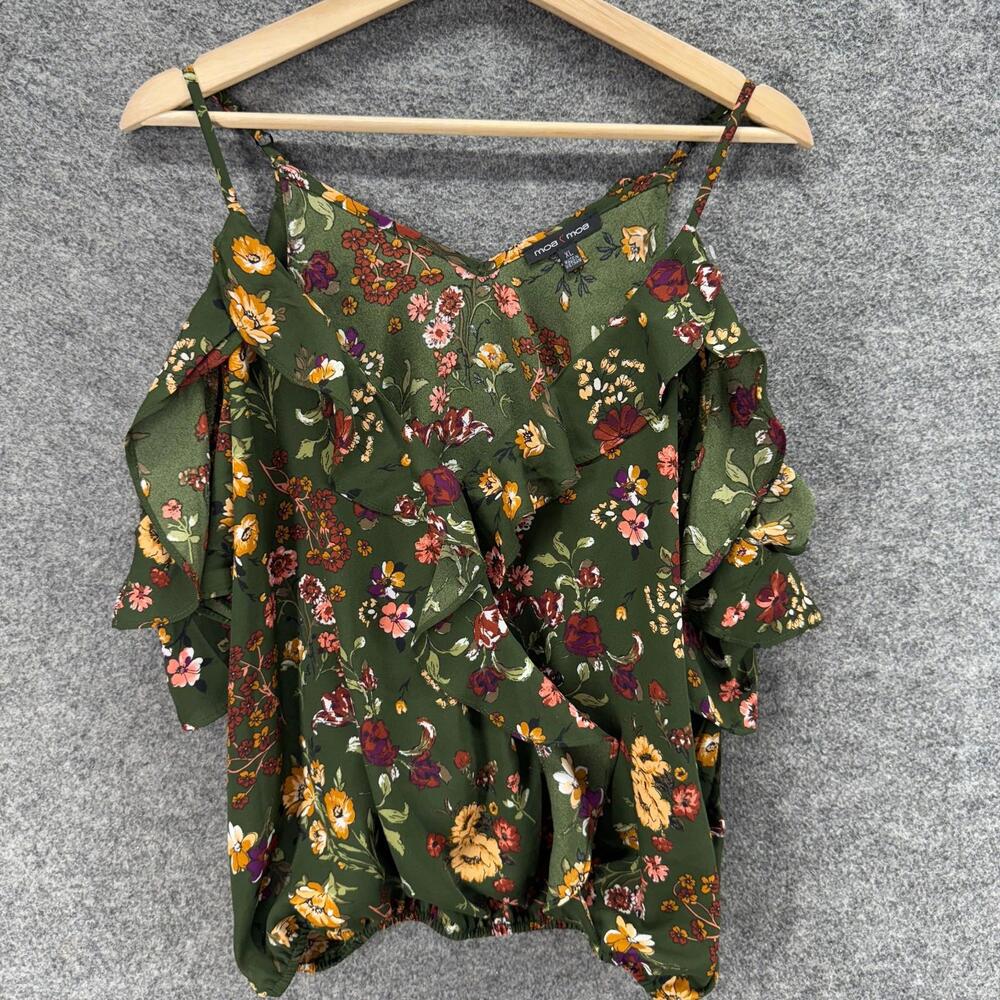 Moa Moa Top Women XL Green Floral V-Neck Sleeveless Spaghetti Strap Casual